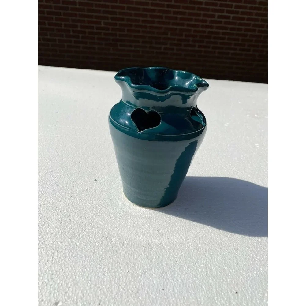 Vintage 90s R&L Studio Pottery Vase Seagrove NC Green Hearts Signed S Richardson